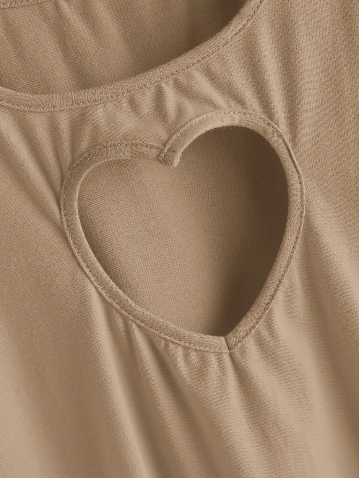 Custom Round Neck Cut Out Short Sleeve Khaki Top