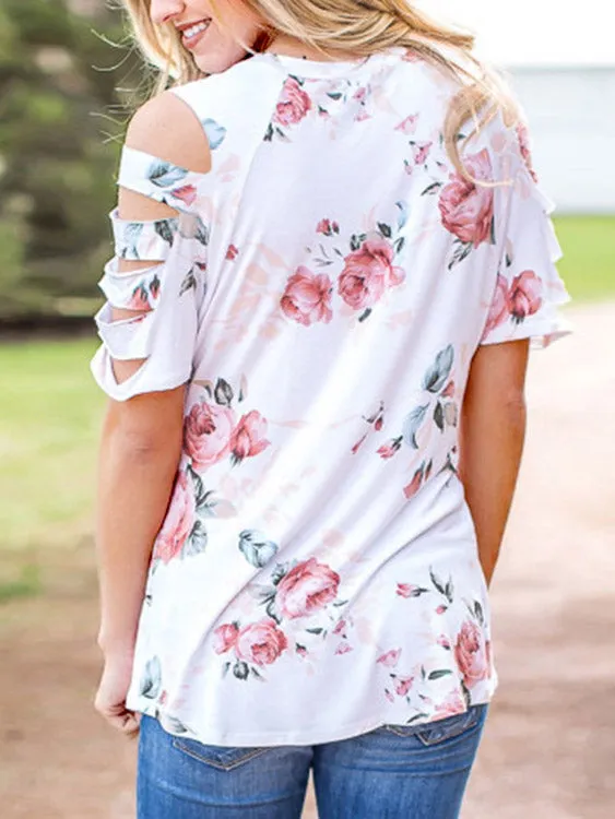 Custom Round Neck Floral Print Cut Out Short Sleeve White T-Shirts