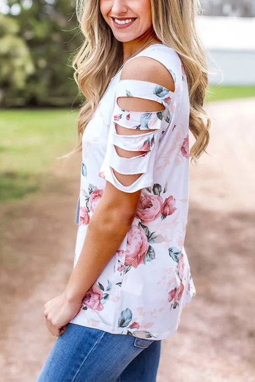 Custom Round Neck Floral Print Cut Out Short Sleeve White T-Shirts