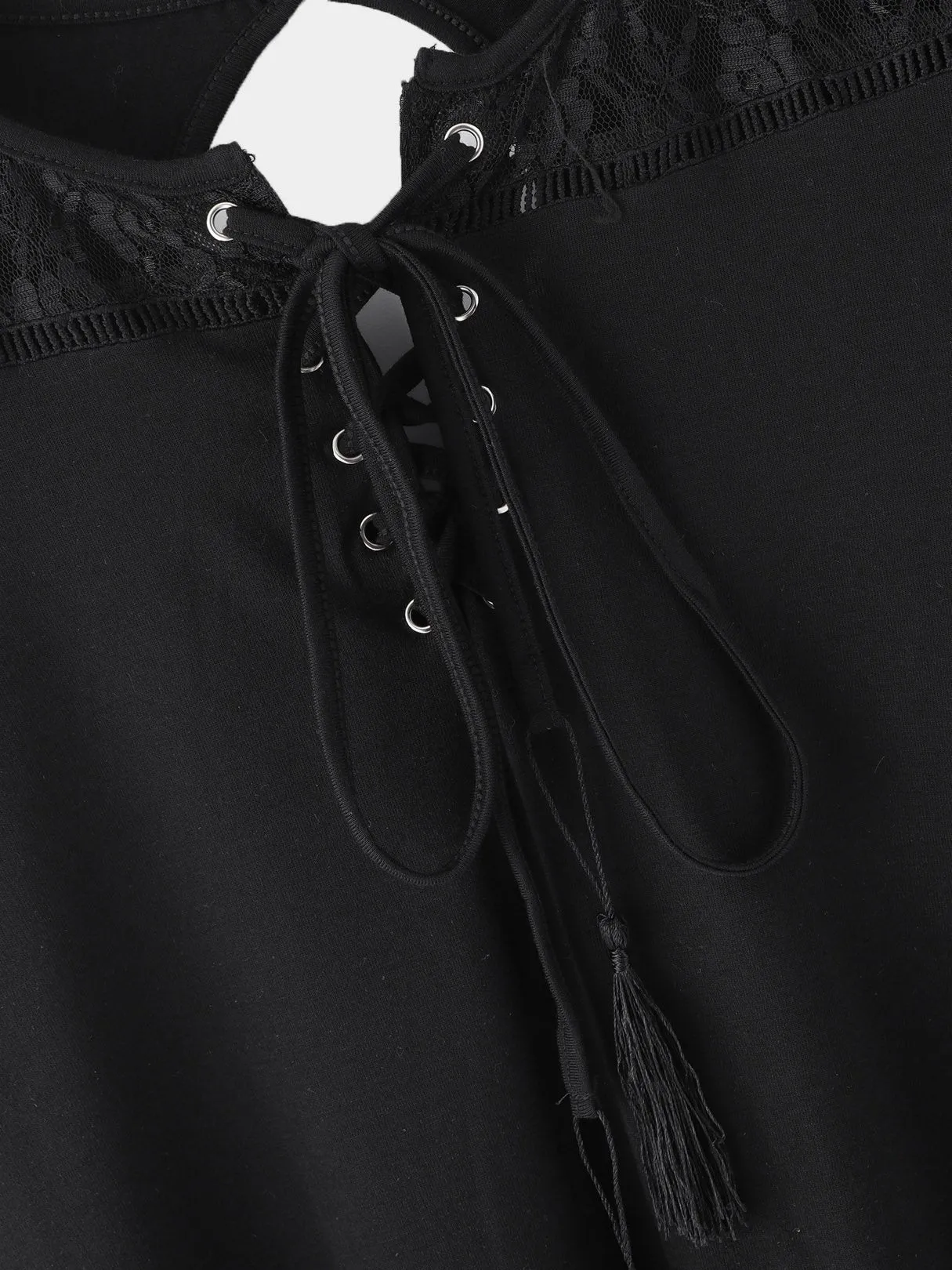 Custom Round Neck Lace Lace-Up Cut Out Short Sleeve Black T-Shirts