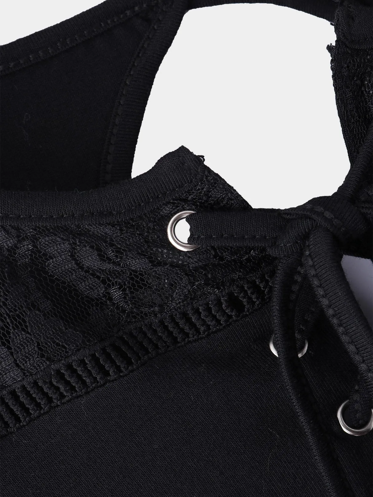 Custom Round Neck Lace Lace-Up Cut Out Short Sleeve Black T-Shirts