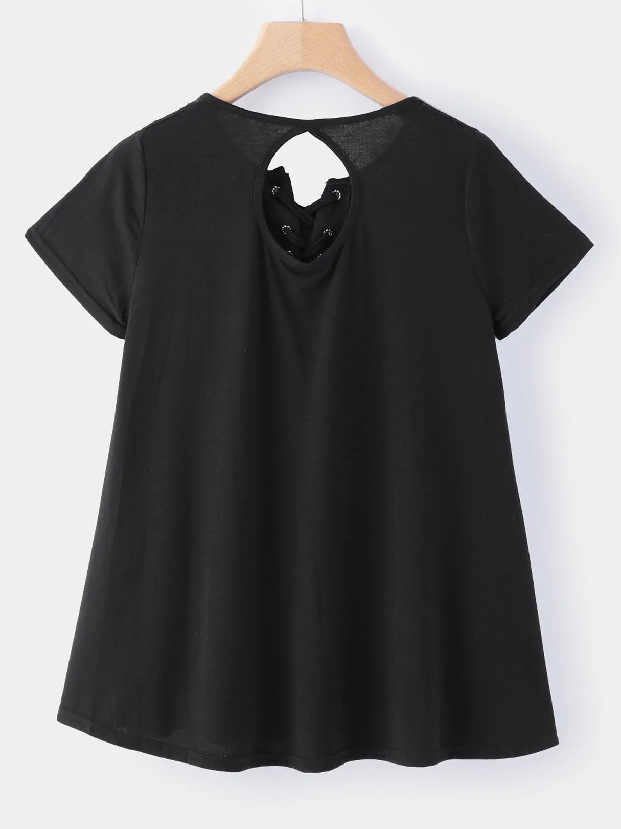 Custom Round Neck Lace Lace-Up Cut Out Short Sleeve Black T-Shirts