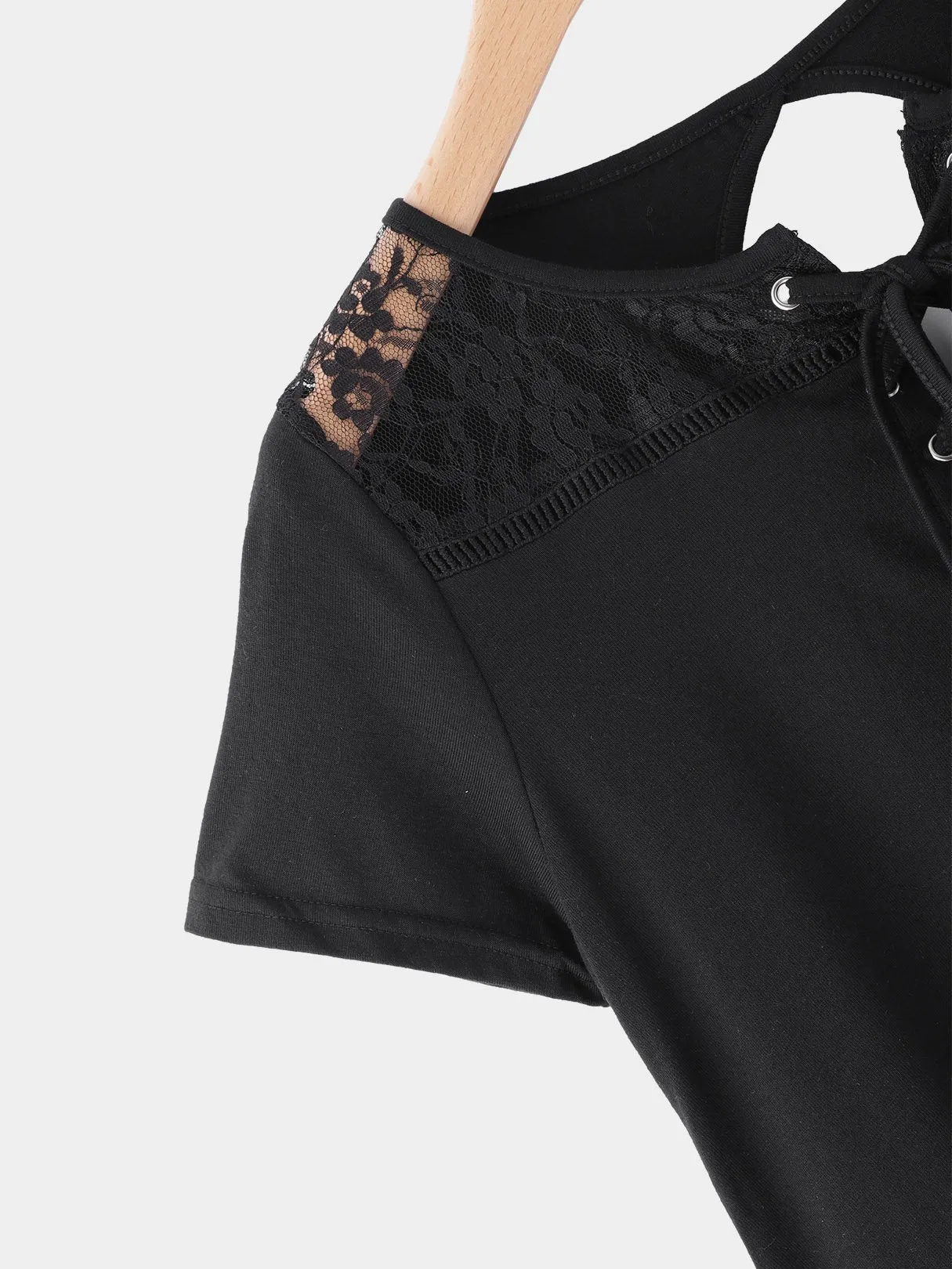 Custom Round Neck Lace Lace-Up Cut Out Short Sleeve Black T-Shirts