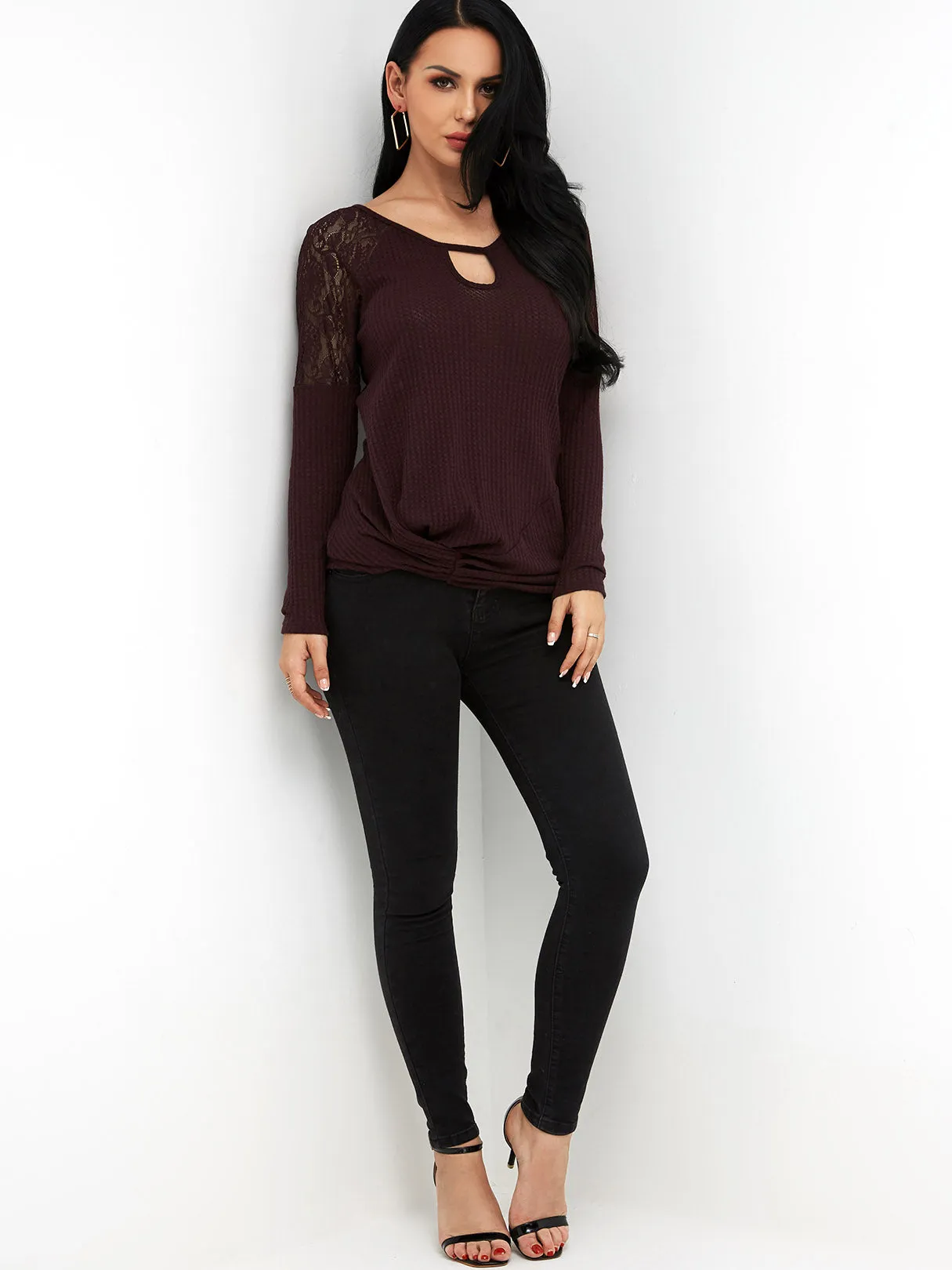 Custom Round Neck Plain Lace Cut Out Long Sleeve Burgundy T-Shirts