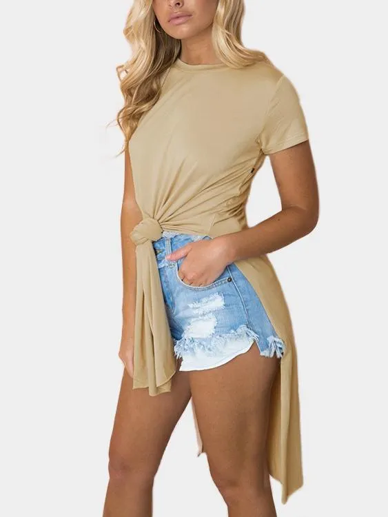 Custom Round Neck Plain Slit Short Sleeve Irregular Hem Apricot T-Shirts