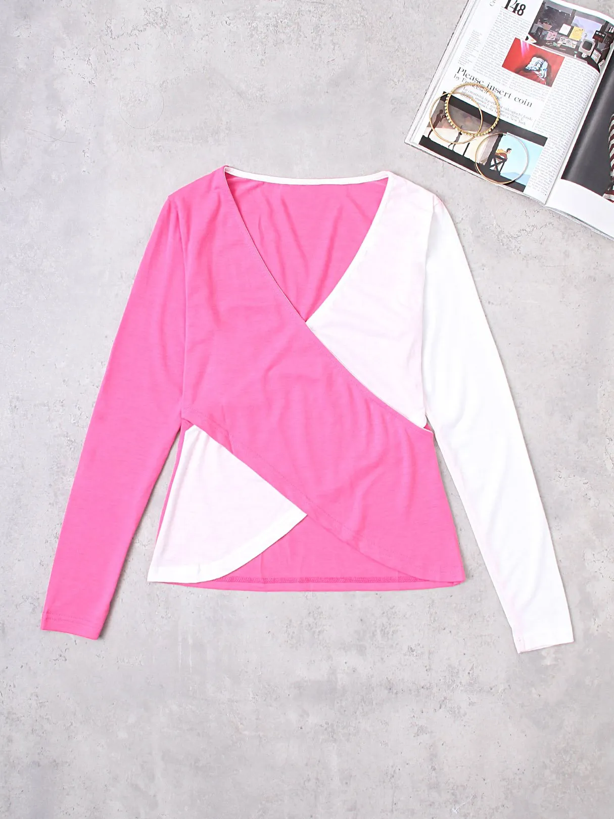 Custom V-Neck Crossed Front Long Sleeve Slit Hem T-Shirts