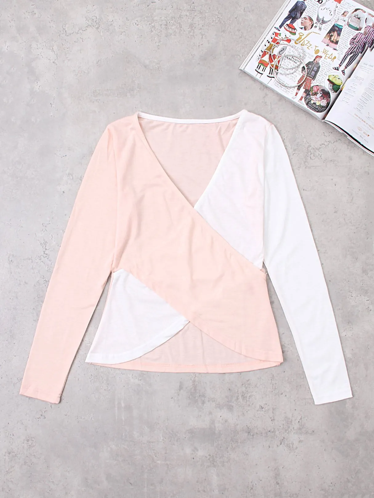 Custom V-Neck Crossed Front Long Sleeve Slit Hem T-Shirts