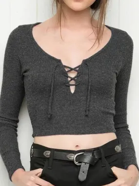 Custom V-Neck Long Sleeve Lace-Up Fashion Top