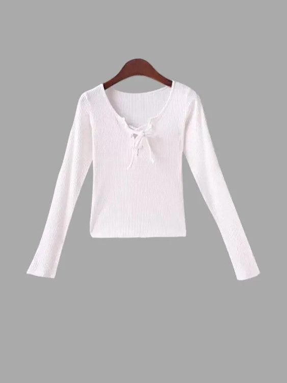 Custom V-Neck Long Sleeve Lace-Up Fashion Top
