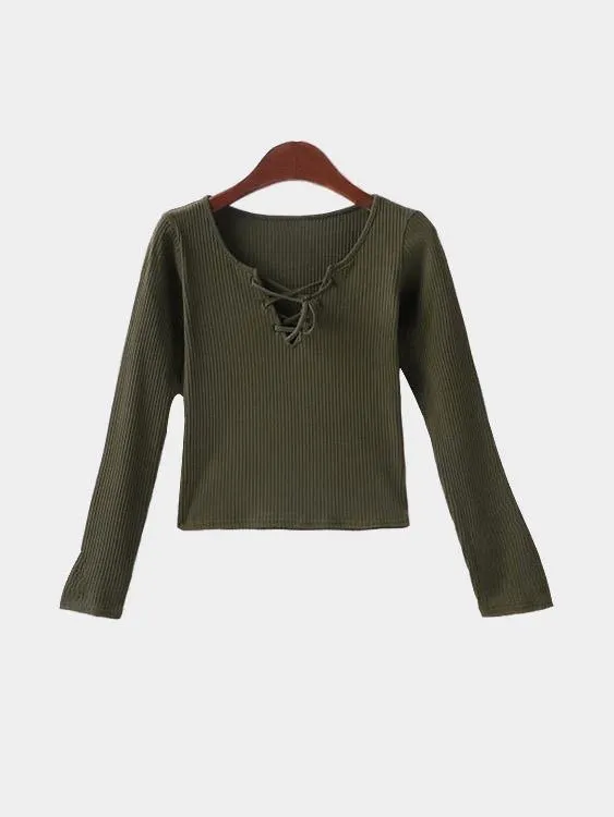 Custom V-Neck Long Sleeve Lace-Up Fashion Top