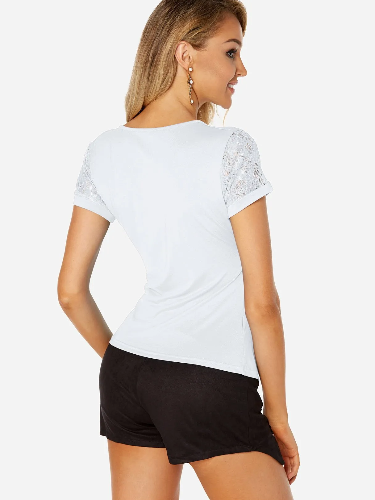 Custom V-Neck Plain Lace Crossed Front Short Sleeve T-Shirts