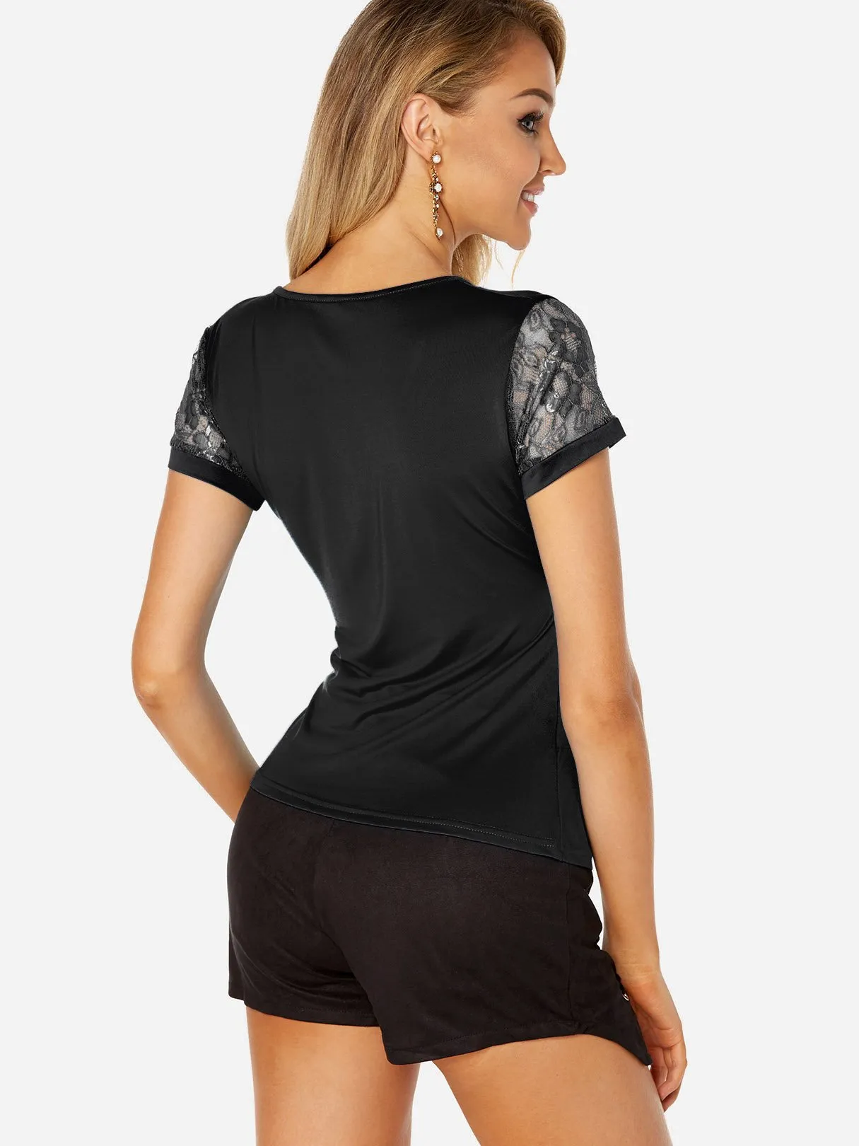 Custom V-Neck Plain Lace Crossed Front Short Sleeve T-Shirts