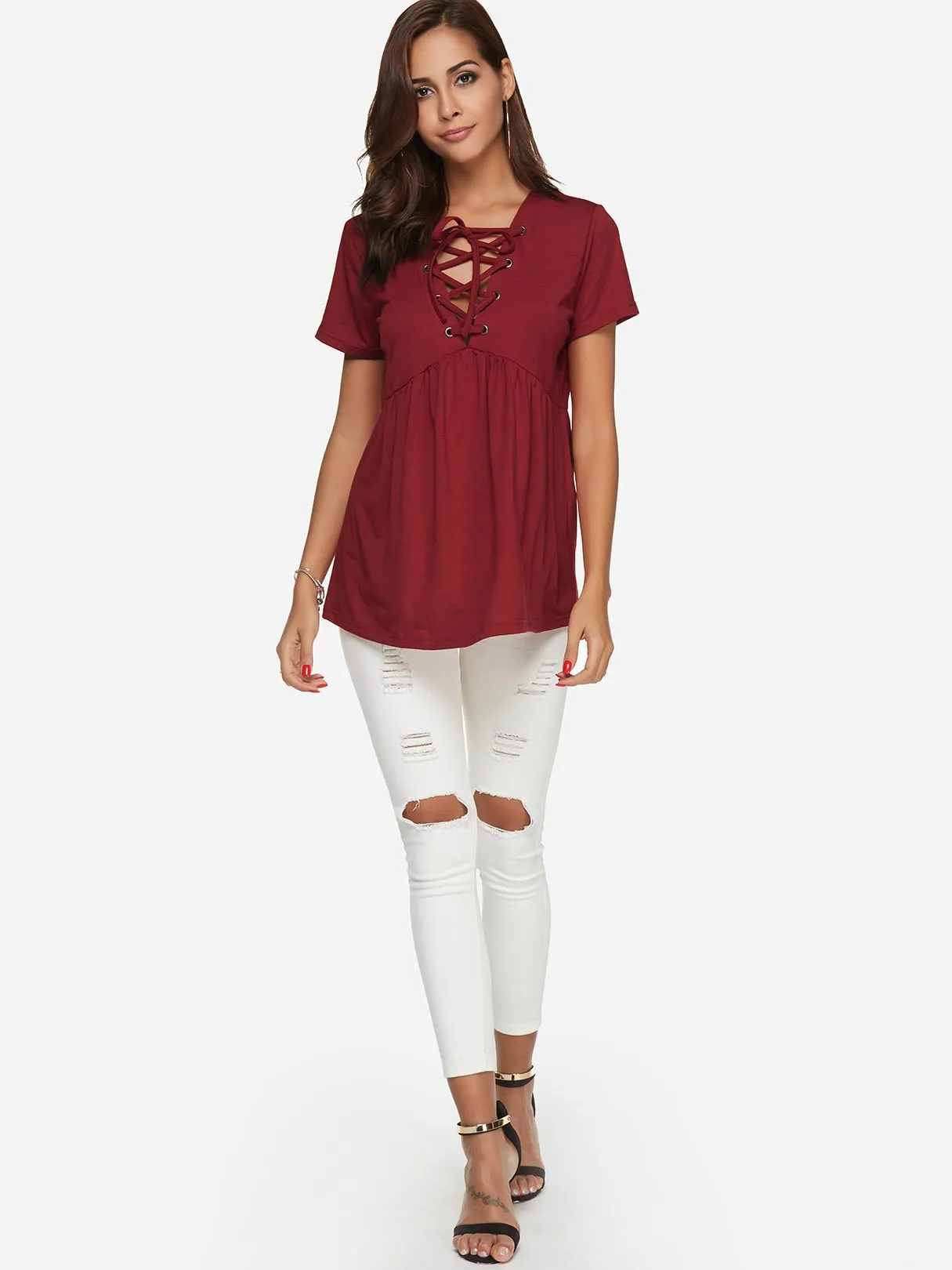 Custom V-Neck Plain Lace-Up Pleated Short Sleeve T-Shirts