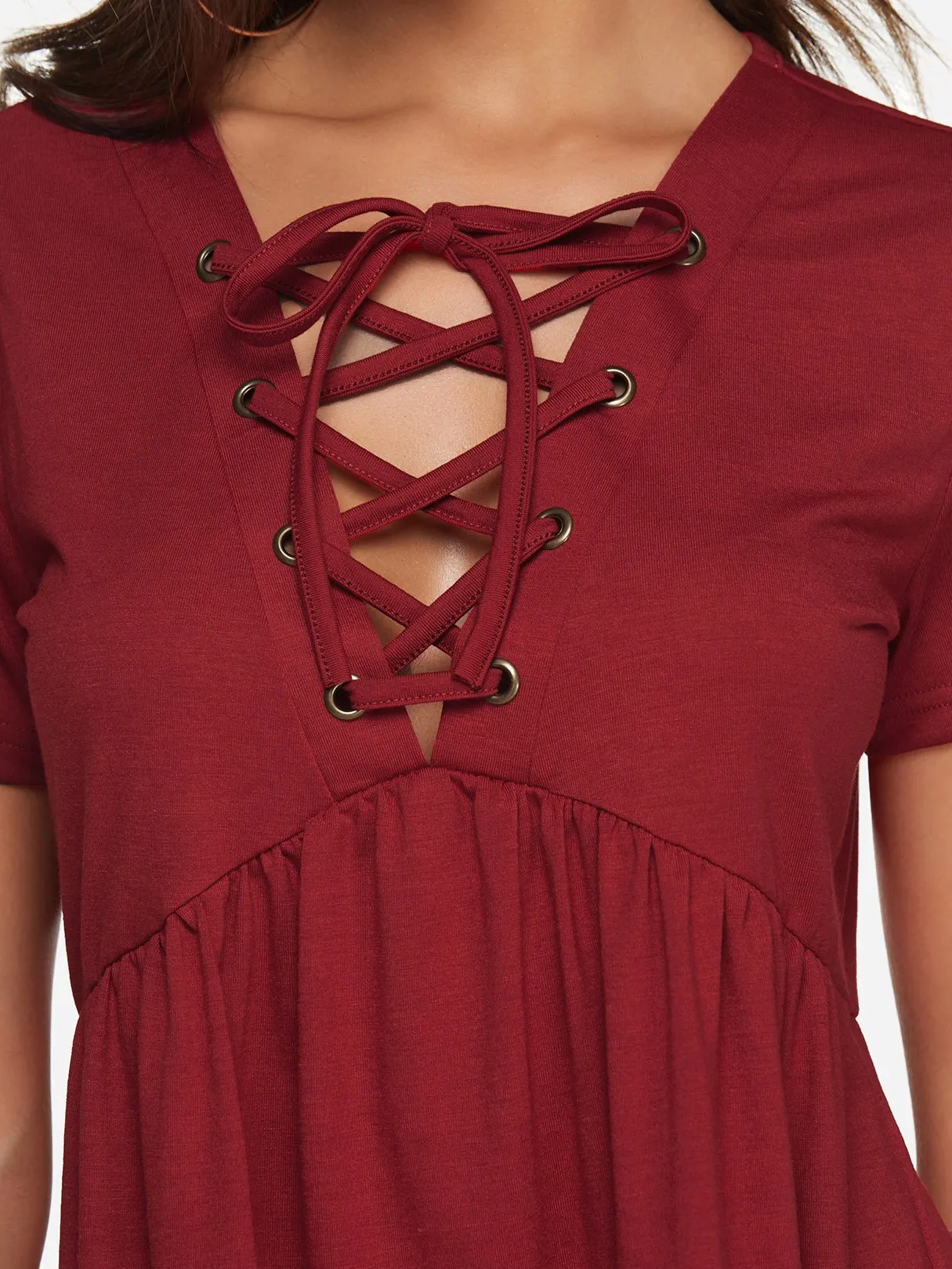 Custom V-Neck Plain Lace-Up Pleated Short Sleeve T-Shirts