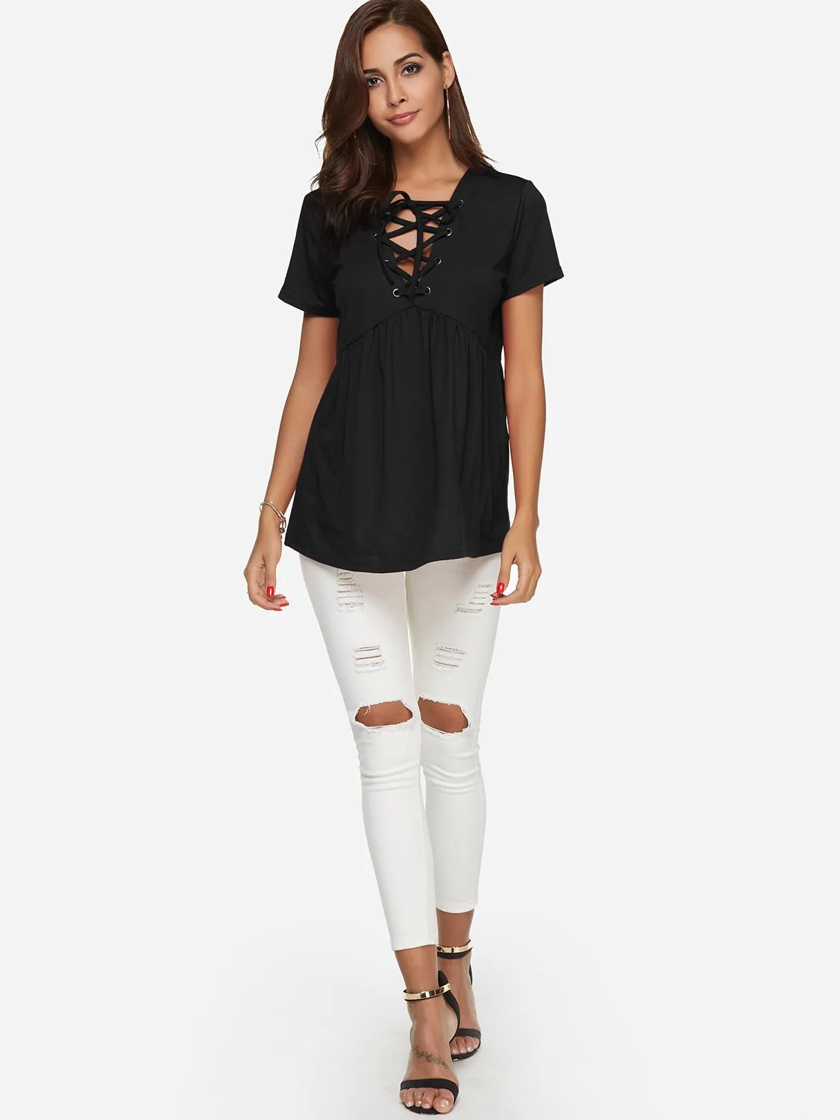 Custom V-Neck Plain Lace-Up Pleated Short Sleeve T-Shirts
