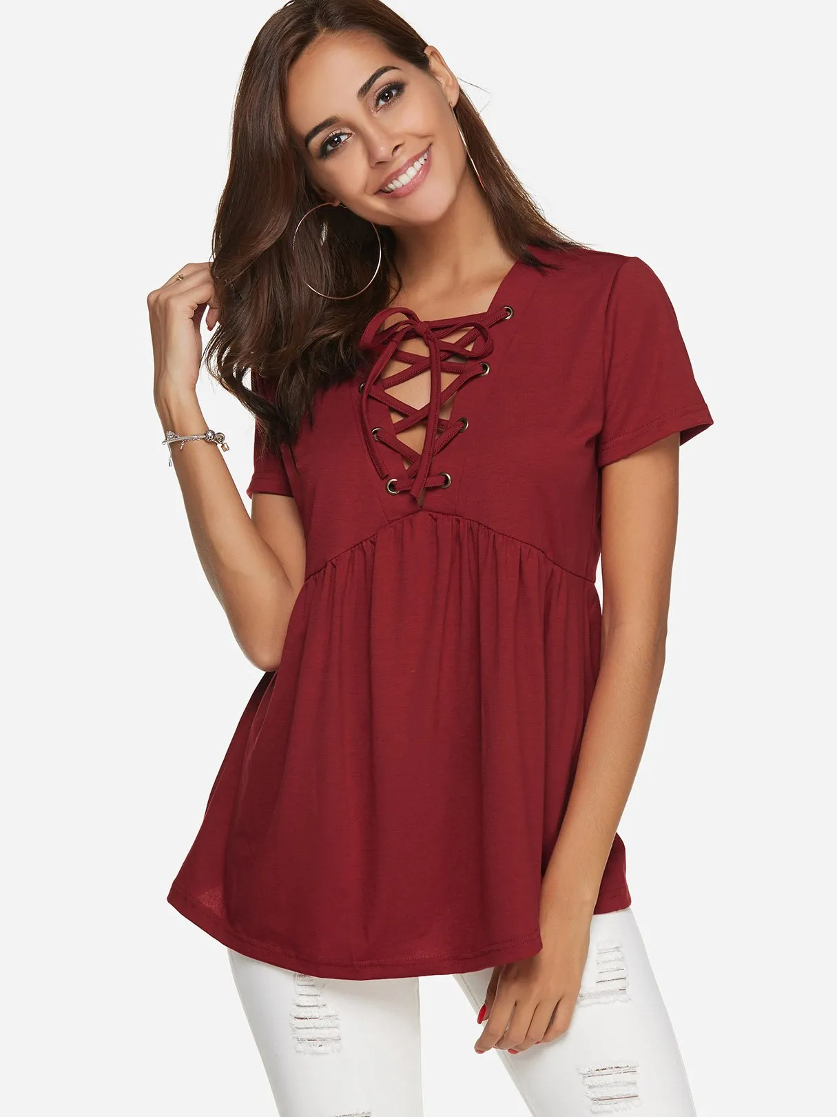 Custom V-Neck Plain Lace-Up Pleated Short Sleeve T-Shirts