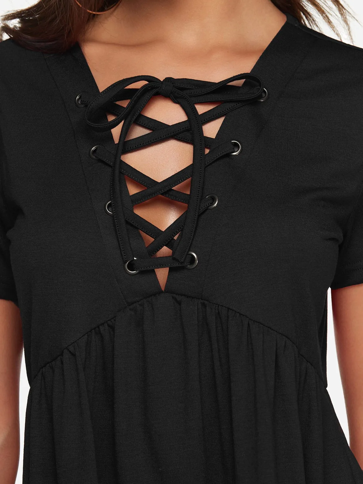 Custom V-Neck Plain Lace-Up Pleated Short Sleeve T-Shirts