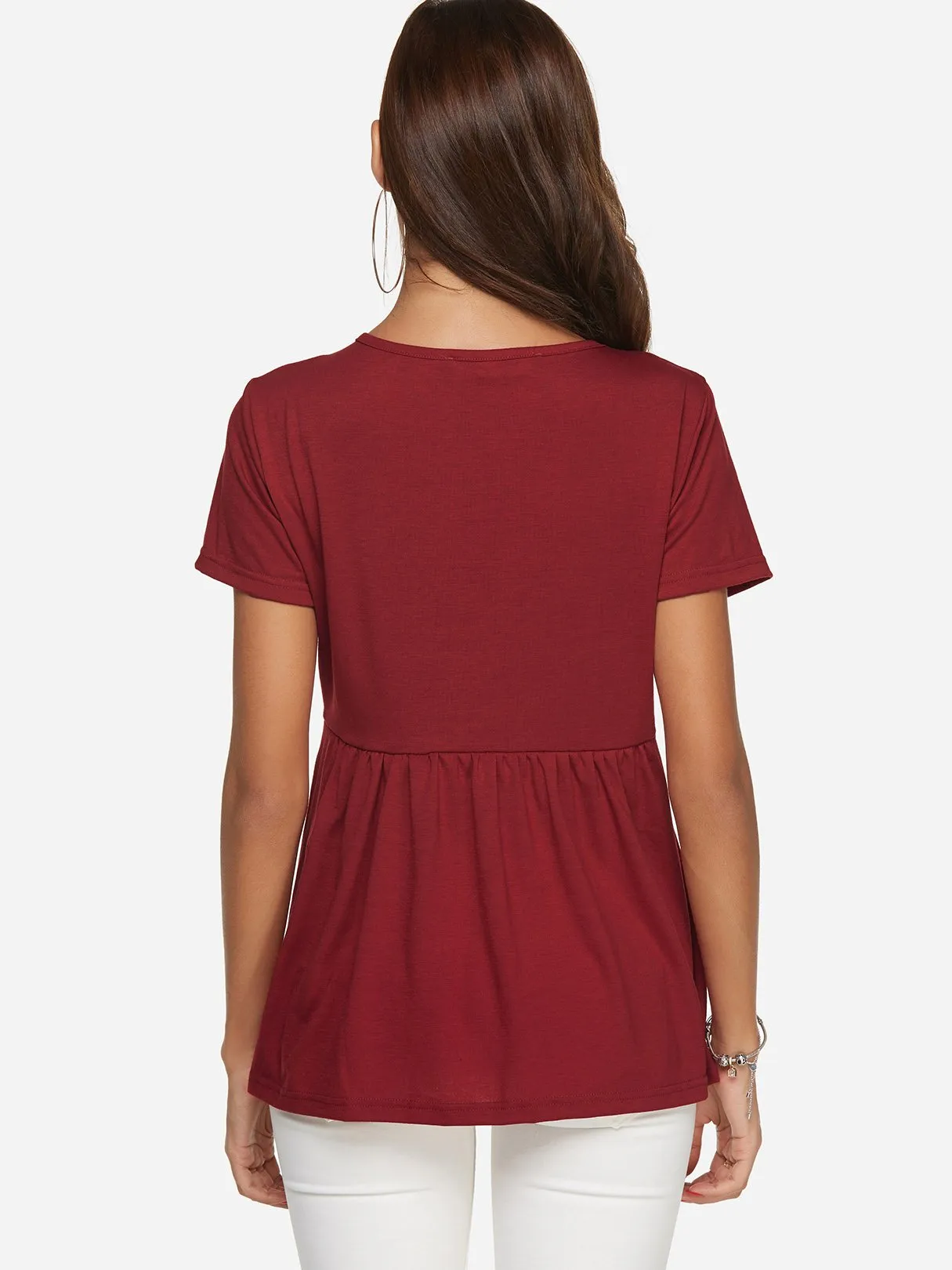 Custom V-Neck Plain Lace-Up Pleated Short Sleeve T-Shirts