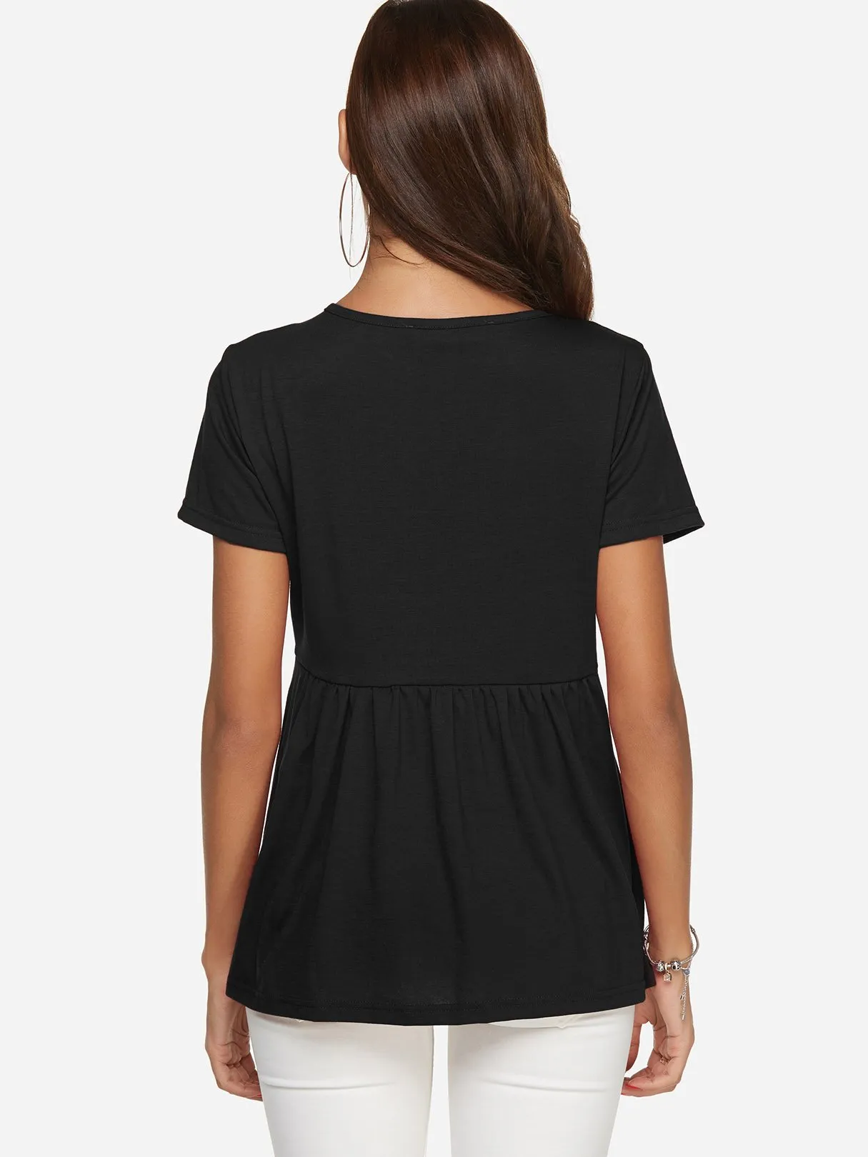 Custom V-Neck Plain Lace-Up Pleated Short Sleeve T-Shirts