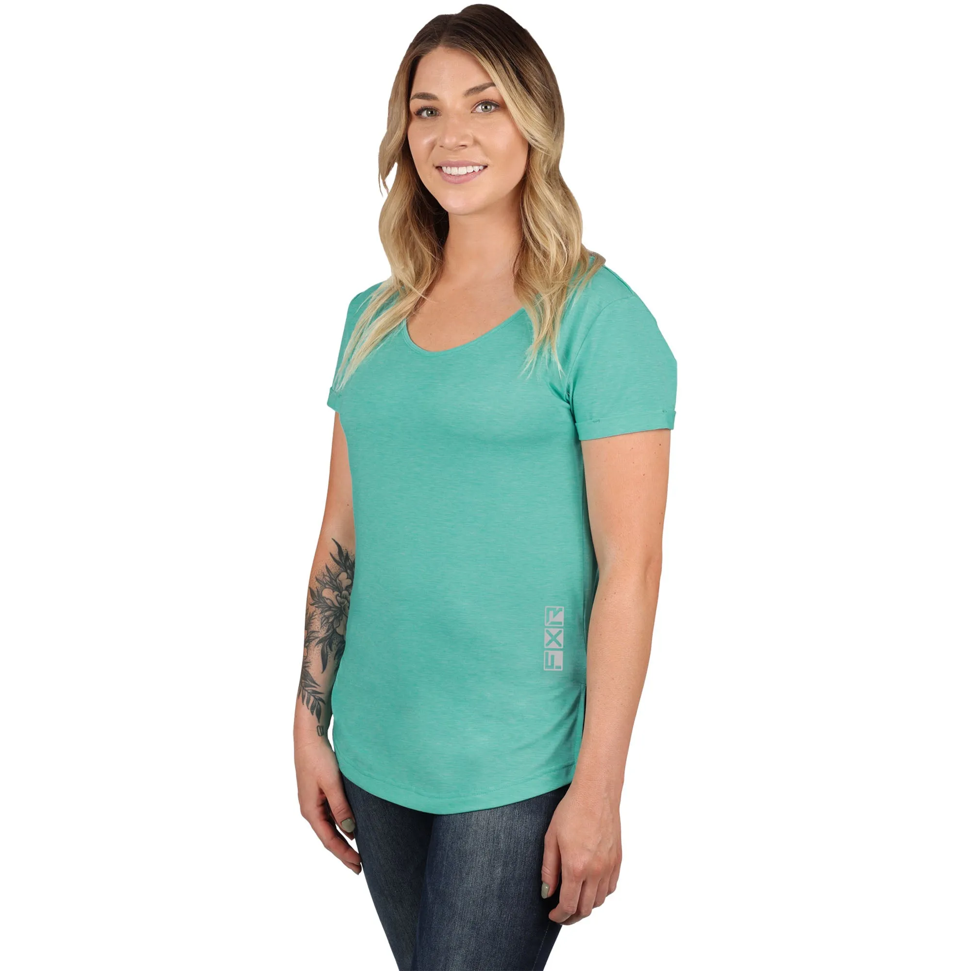 FXR  Womens Mint Lotus Active T-Shirt Tee Short Sleeve Scooped Neckline Cuffs