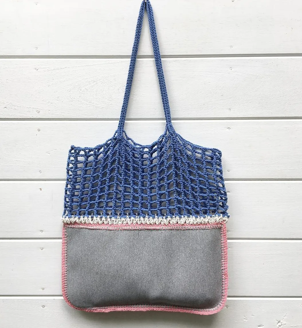 Gradie Grey and Blue Crochet and Neoprene Bag