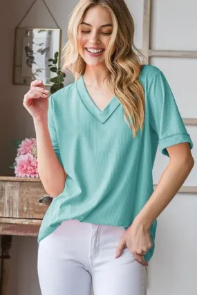 Heimish Full Size V-Neck Half Sleeve T-Shirt Plus Size