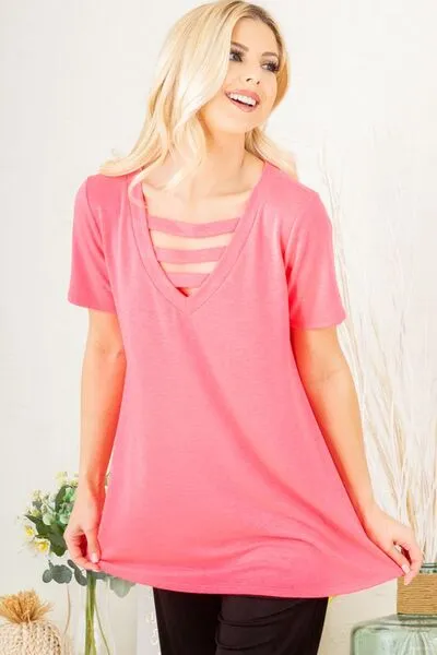 Heimish Full Size V-Neck Short Sleeve T-Shirt with Bar Detail Plus Size