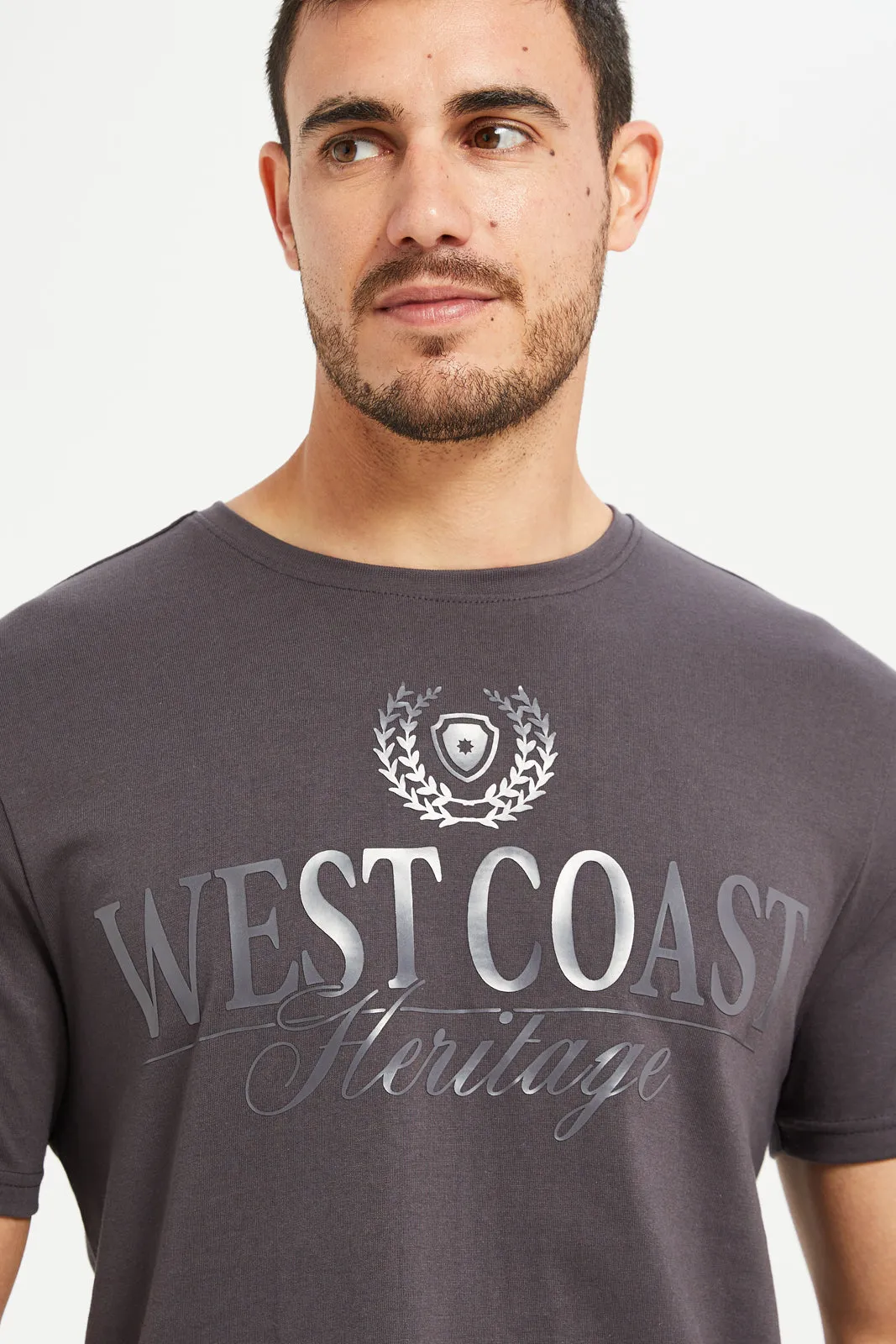 Men Grey Foil Print T-Shirt