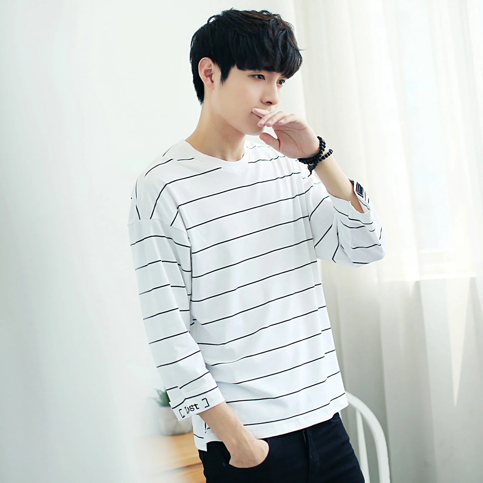Men Trendy Loose Korean Student Three-Quarter Length Sleeves Striped  T-Shirt