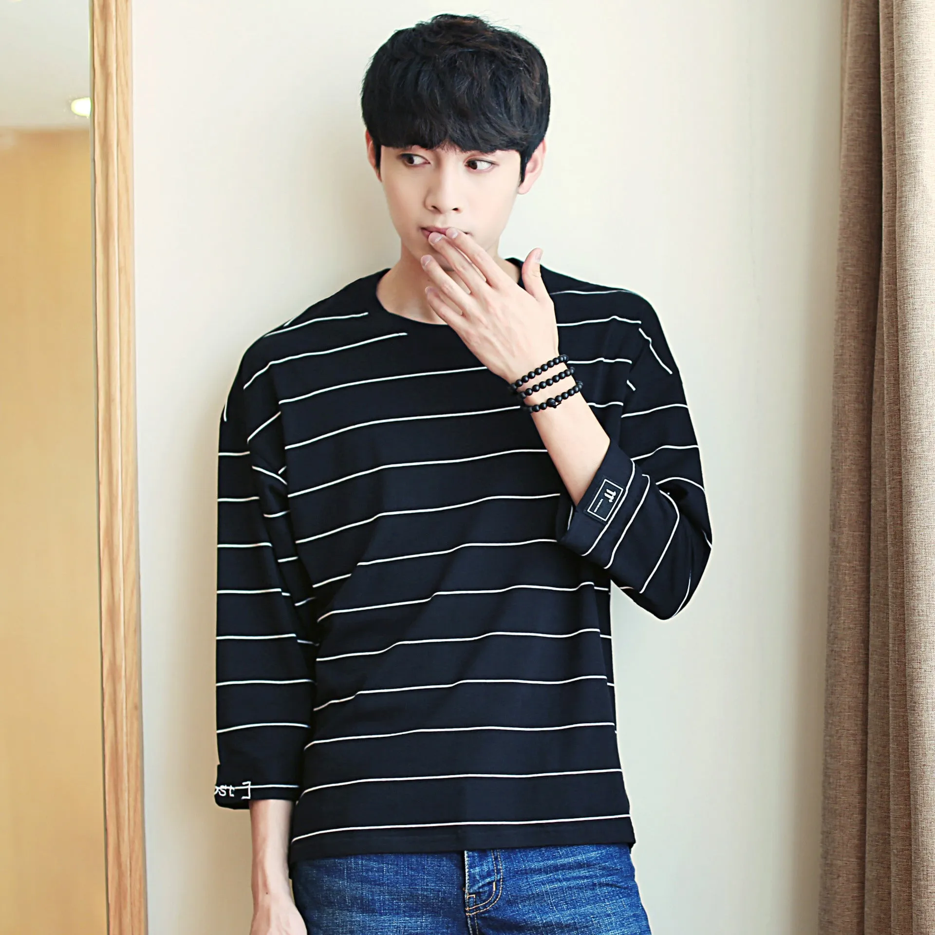 Men Trendy Loose Korean Student Three-Quarter Length Sleeves Striped  T-Shirt