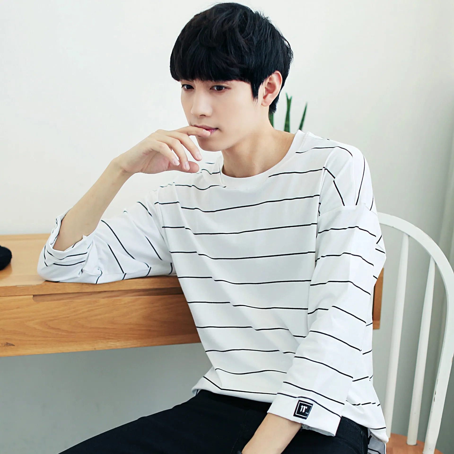 Men Trendy Loose Korean Student Three-Quarter Length Sleeves Striped  T-Shirt