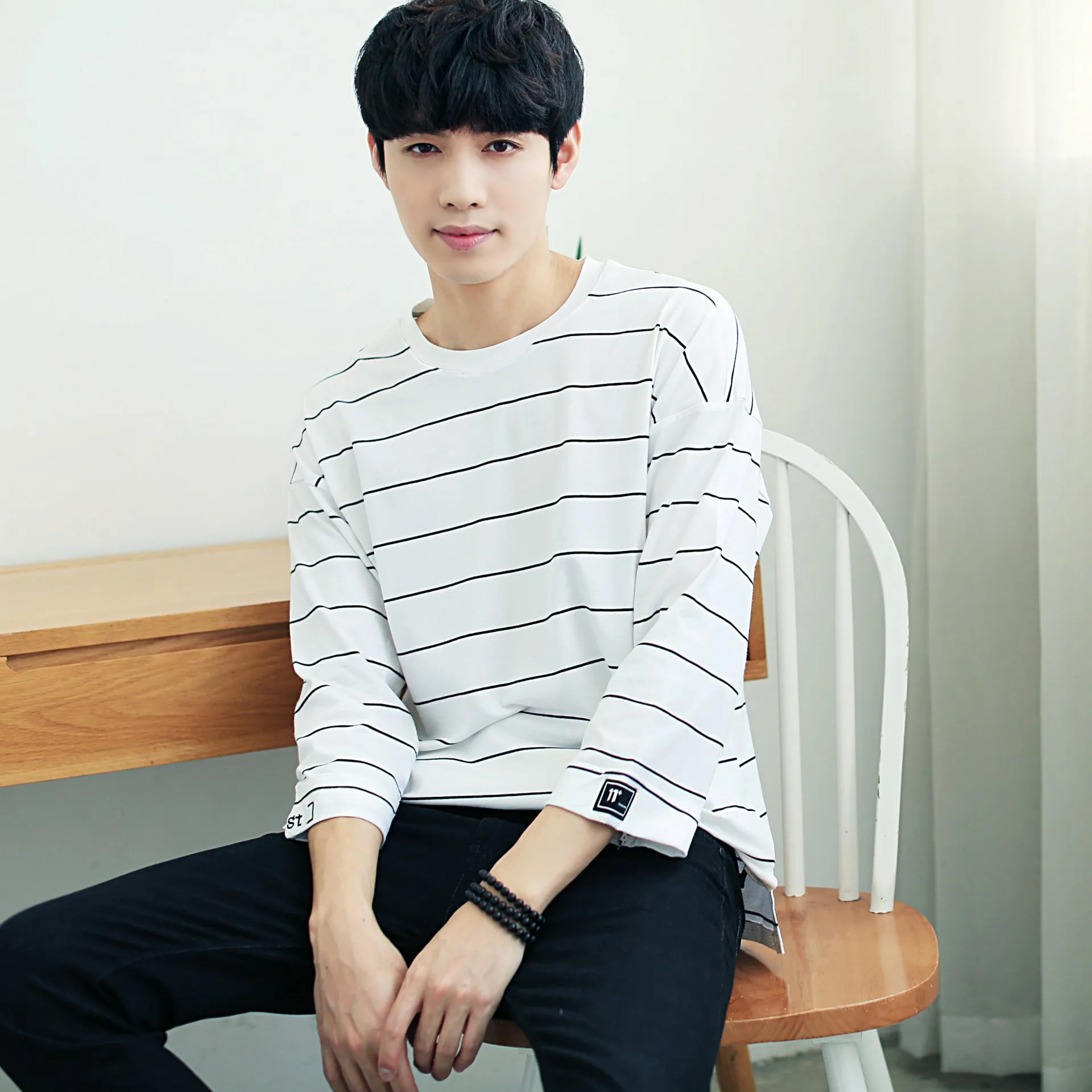 Men Trendy Loose Korean Student Three-Quarter Length Sleeves Striped  T-Shirt