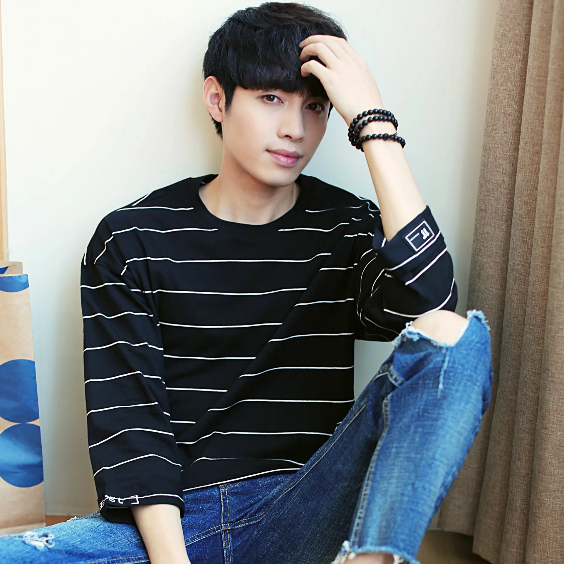 Men Trendy Loose Korean Student Three-Quarter Length Sleeves Striped  T-Shirt