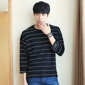 Men Trendy Loose Korean Student Three-Quarter Length Sleeves Striped  T-Shirt