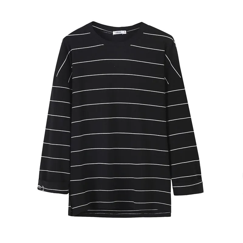 Men Trendy Loose Korean Student Three-Quarter Length Sleeves Striped  T-Shirt