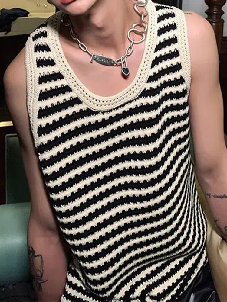 Mens Loose Cut Out Striped Knit Top