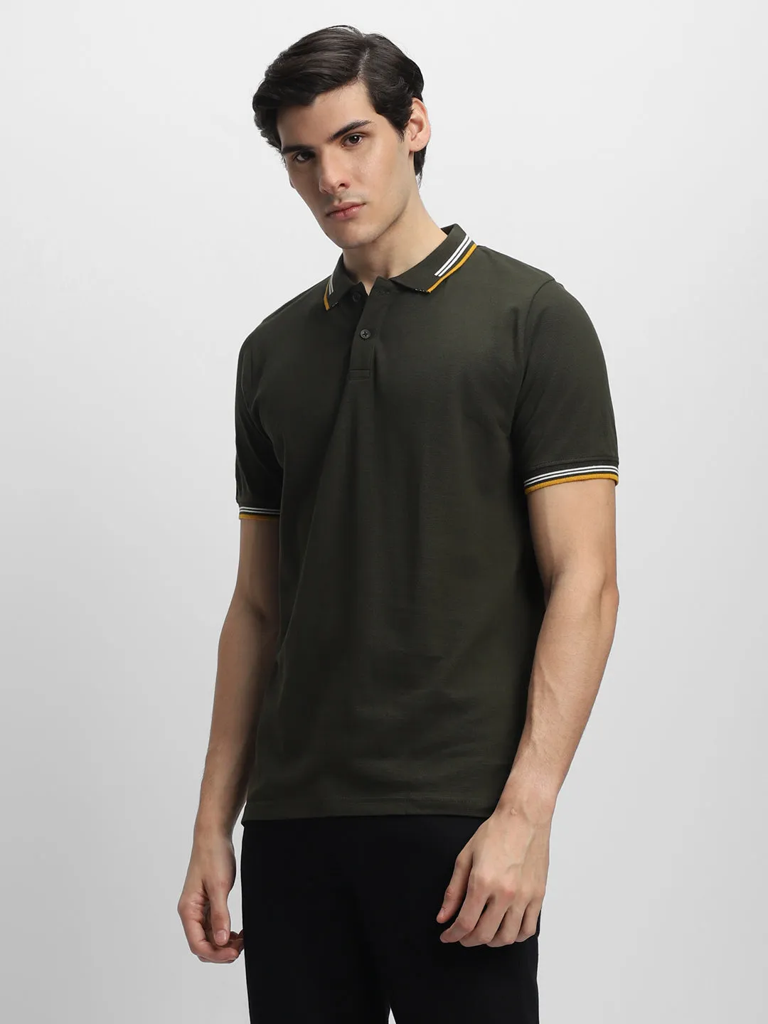 Men's Spread Collar Regular Fit Solid Olive T-shirt