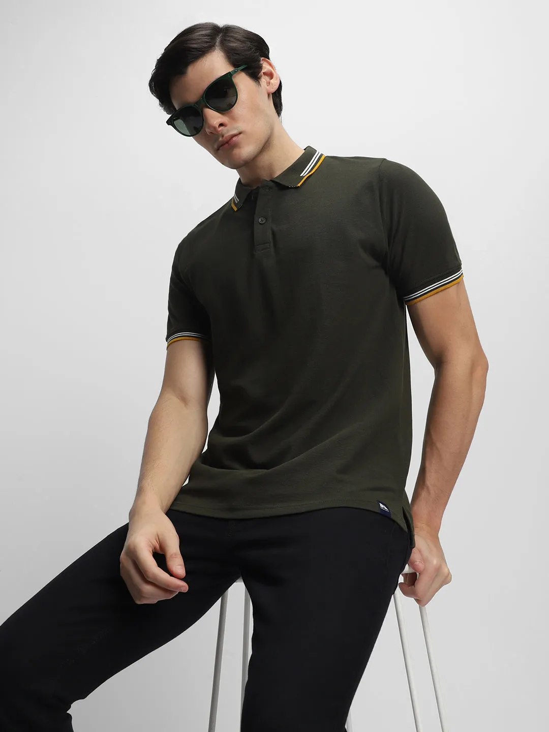 Men's Spread Collar Regular Fit Solid Olive T-shirt