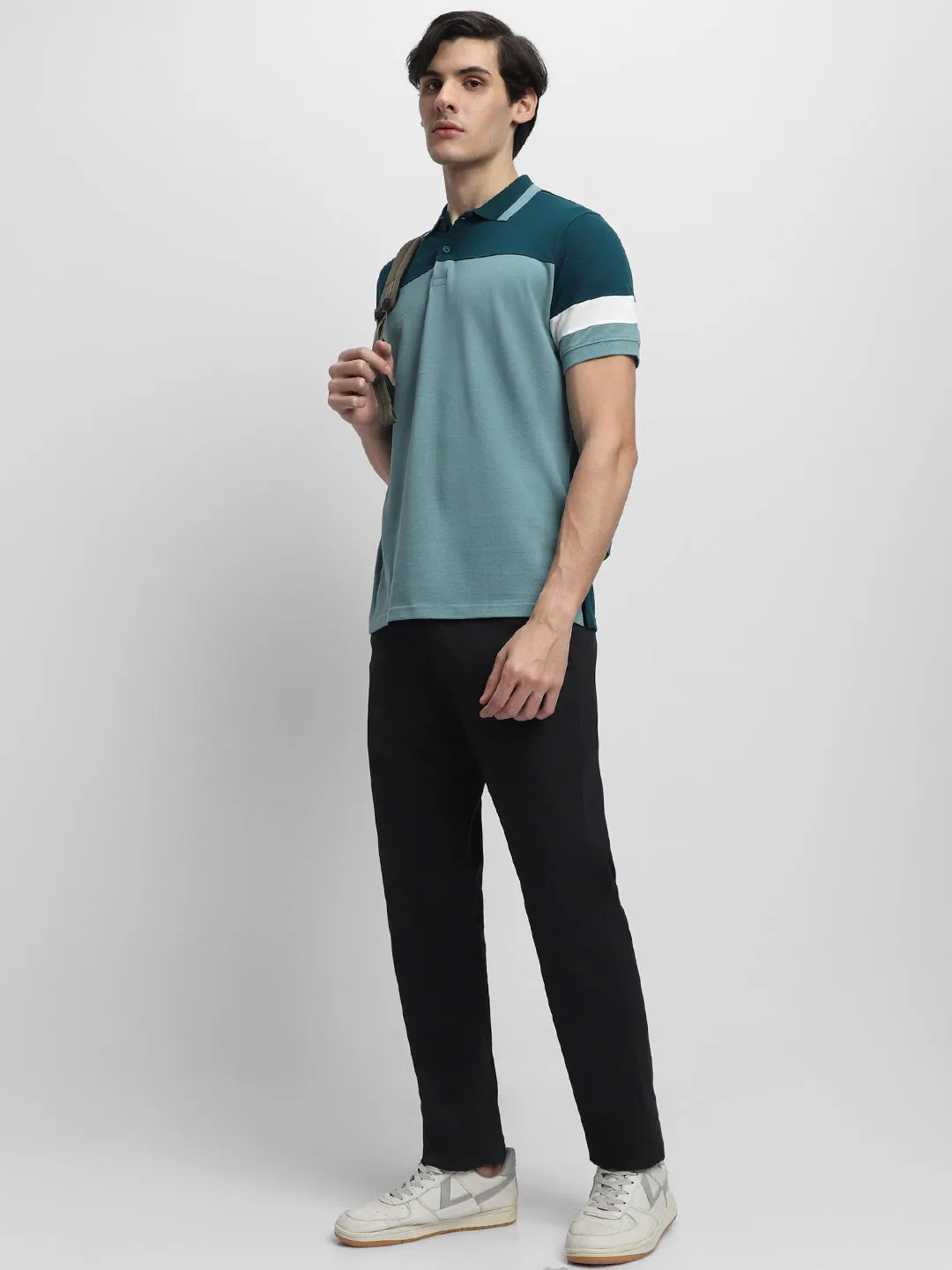 Men's Spread Collar Slim Fit Colorblock Sea Blue T-shirt