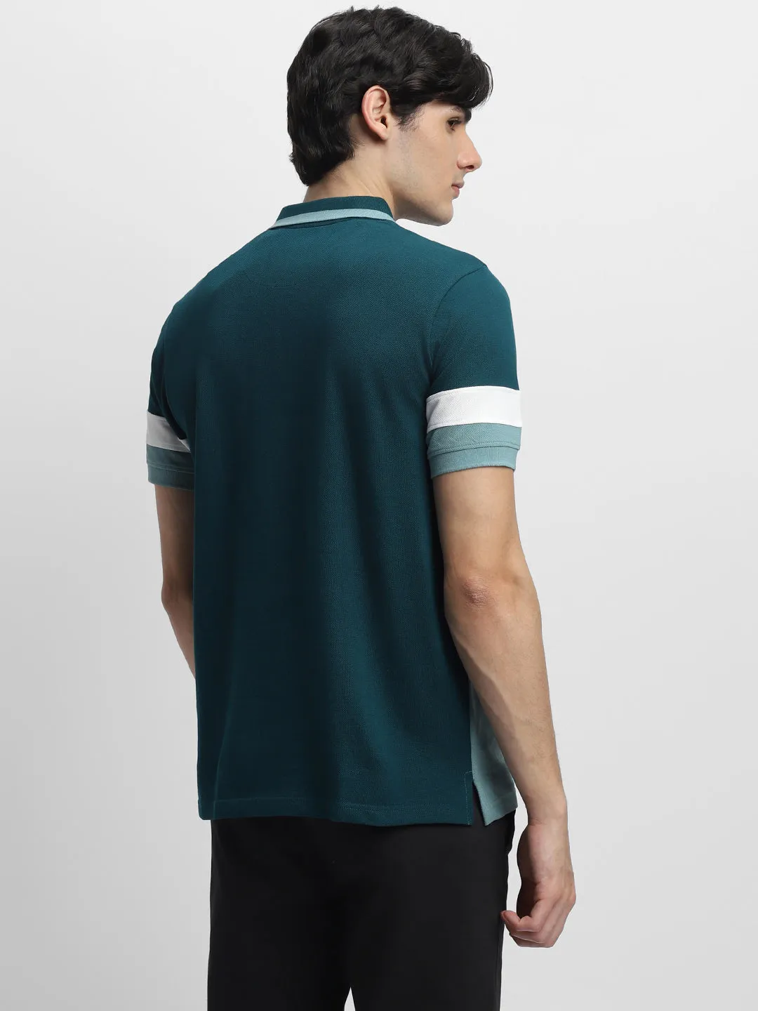 Men's Spread Collar Slim Fit Colorblock Sea Blue T-shirt