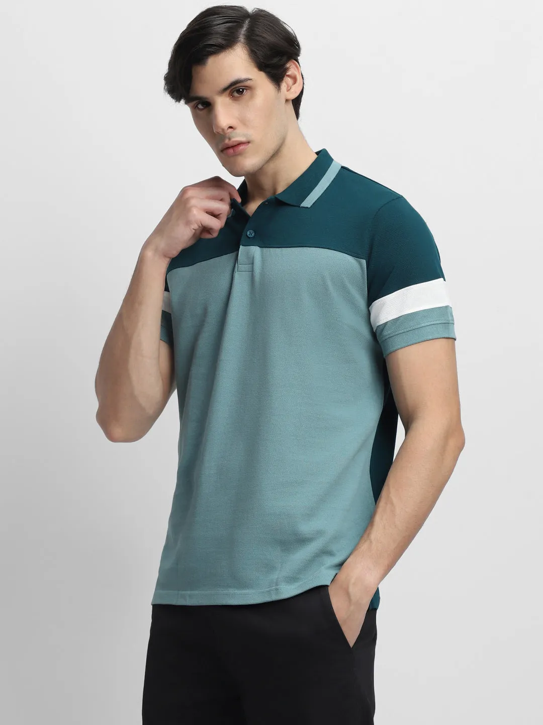 Men's Spread Collar Slim Fit Colorblock Sea Blue T-shirt