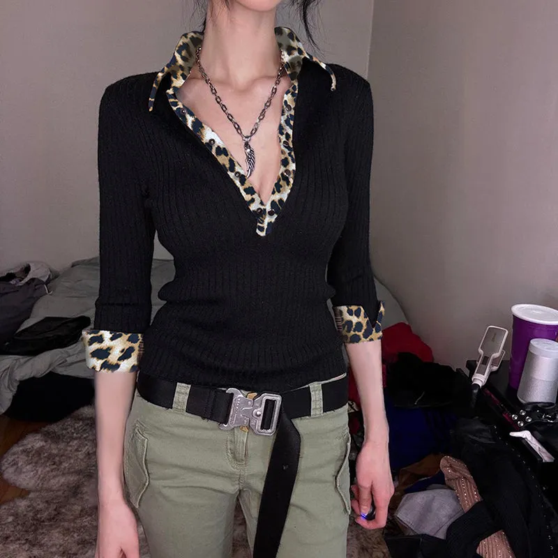 Mimi Leopard Trim Polo Top
