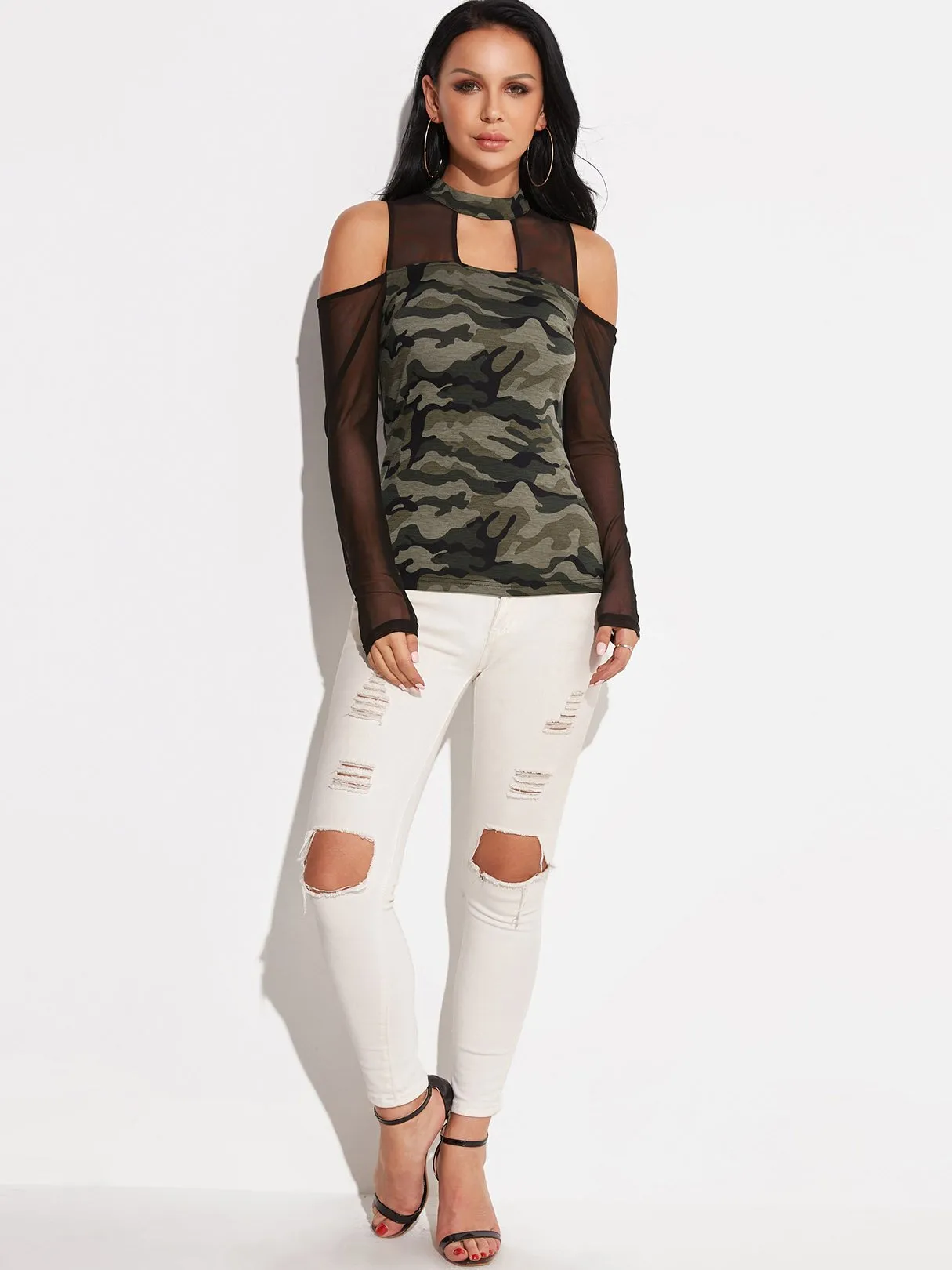 OEM ODM Cold Shoulder Camouflage Cut Out Long Sleeve Camouflage T-Shirts
