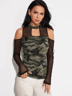 OEM ODM Cold Shoulder Camouflage Cut Out Long Sleeve Camouflage T-Shirts
