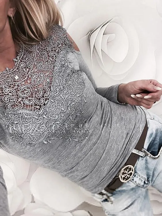 OEM ODM Cold Shoulder Plain Lace Cut Out Long Sleeve Grey T-Shirts