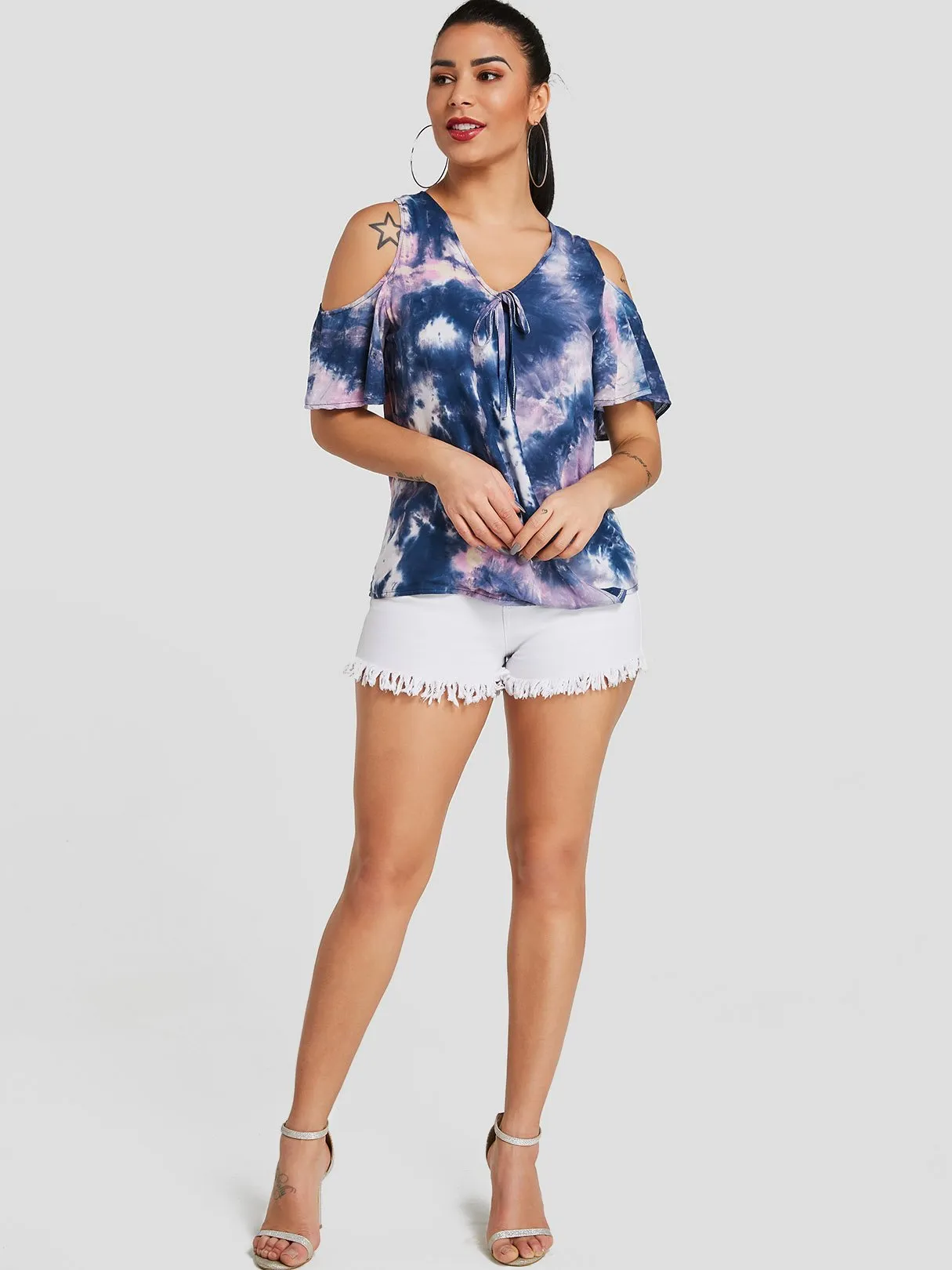 OEM ODM Cold Shoulder Self-Tie Short Sleeve Blue T-Shirts