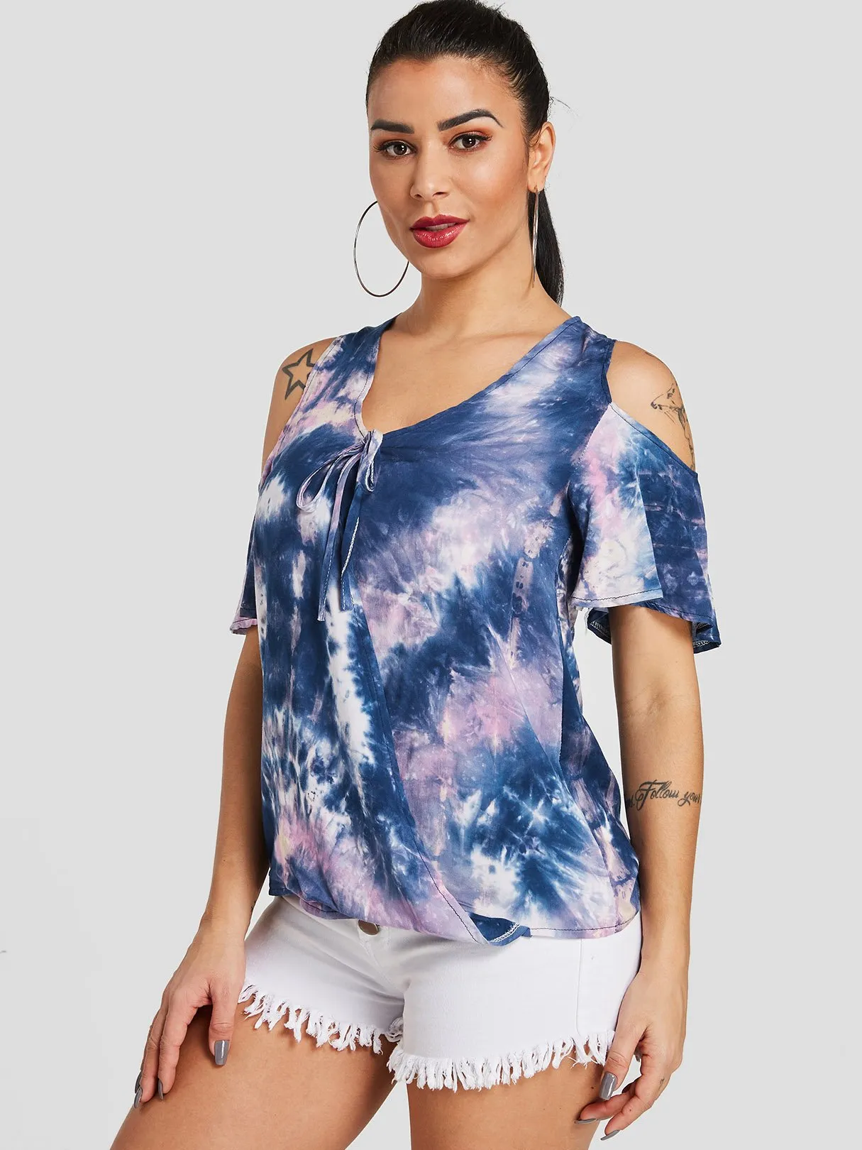 OEM ODM Cold Shoulder Self-Tie Short Sleeve Blue T-Shirts