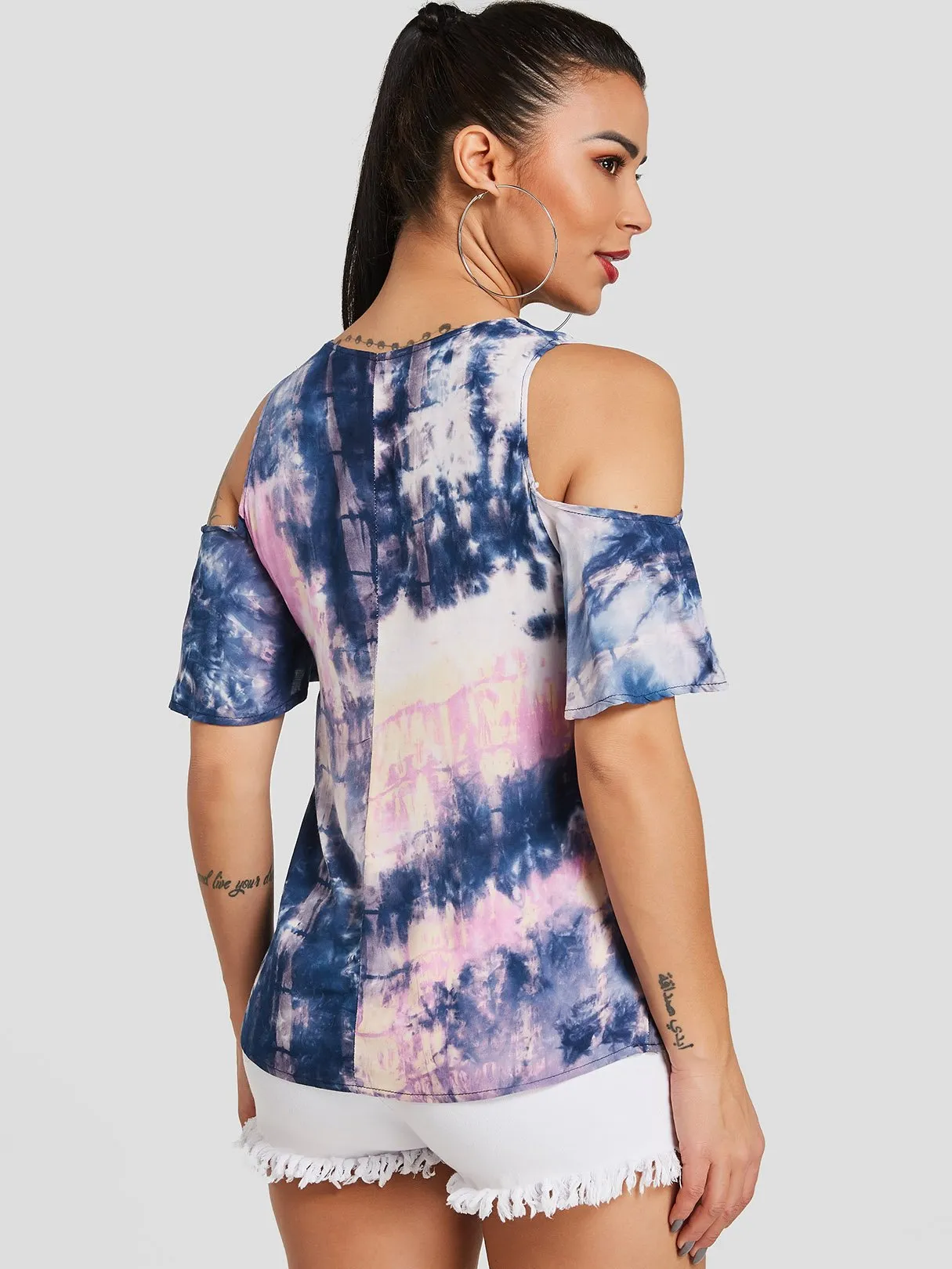OEM ODM Cold Shoulder Self-Tie Short Sleeve Blue T-Shirts