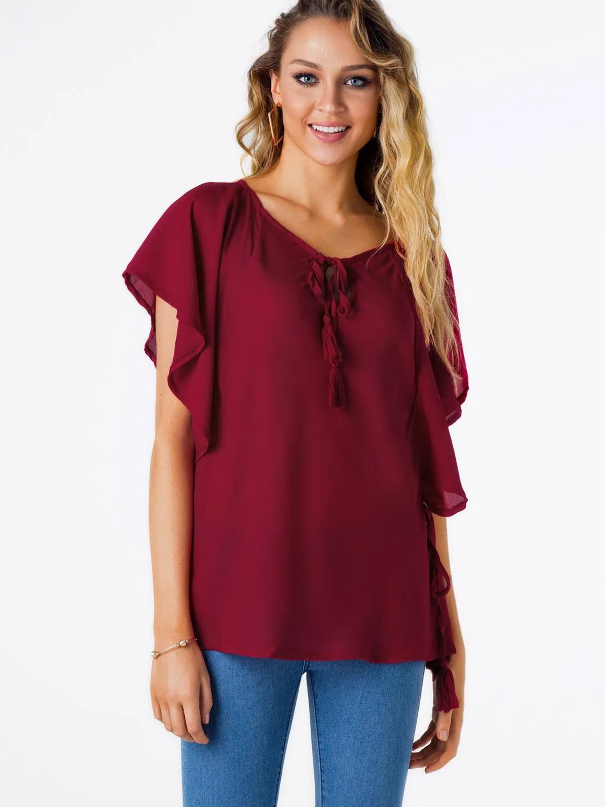 OEM ODM Round Neck Plain Lace-Up Cut Out Short Sleeve Burgundy T-Shirts