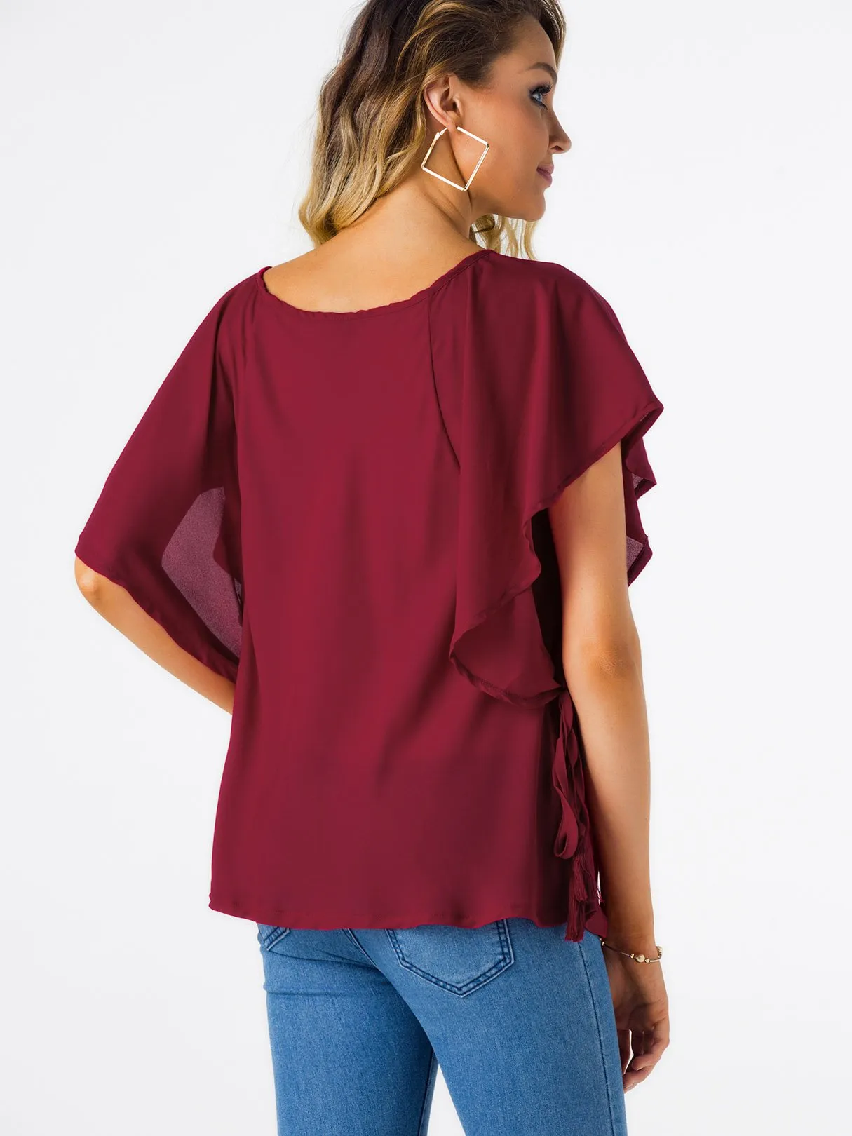 OEM ODM Round Neck Plain Lace-Up Cut Out Short Sleeve Burgundy T-Shirts